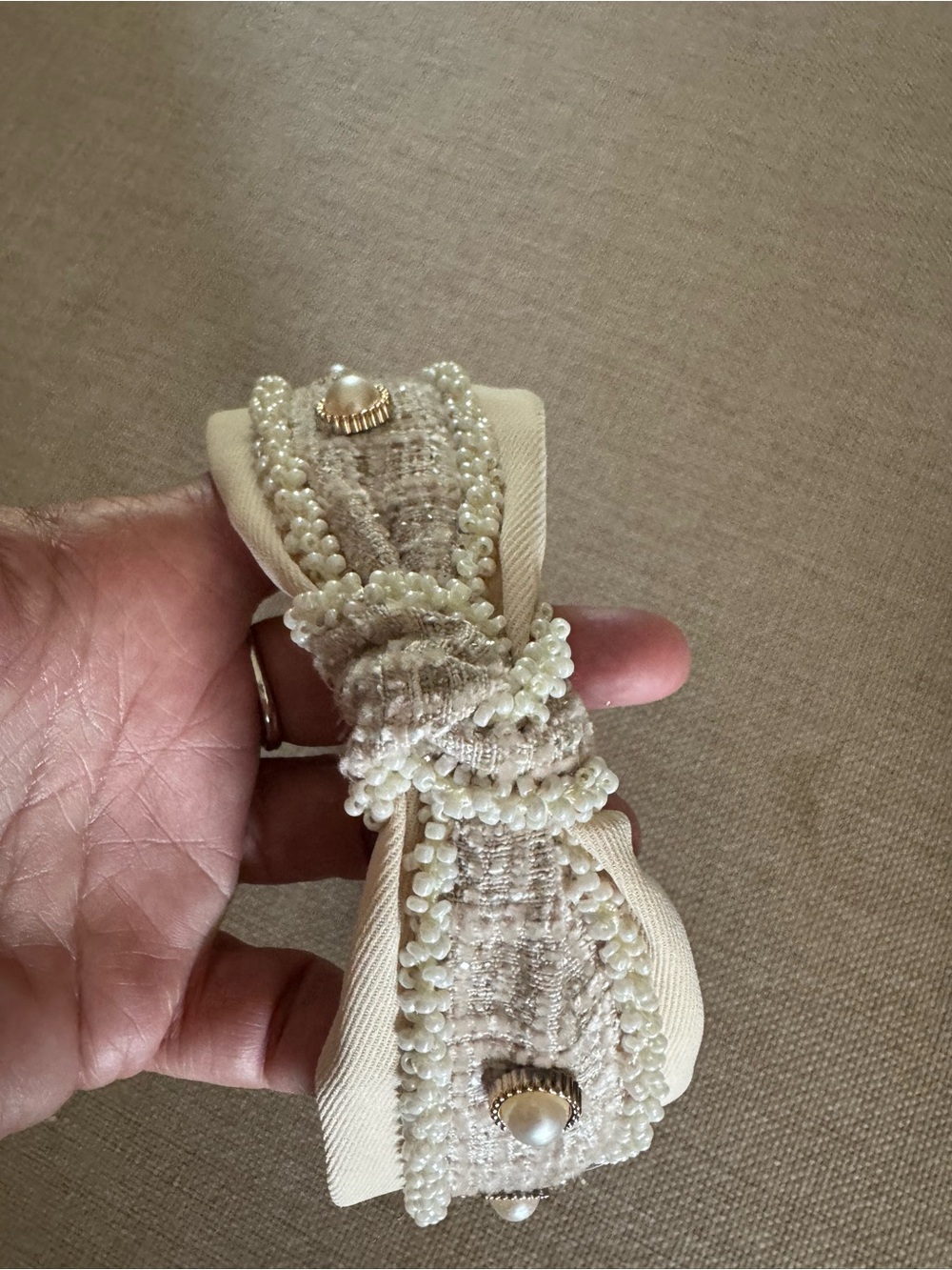Pearl-Embellished Beige Bow Headband